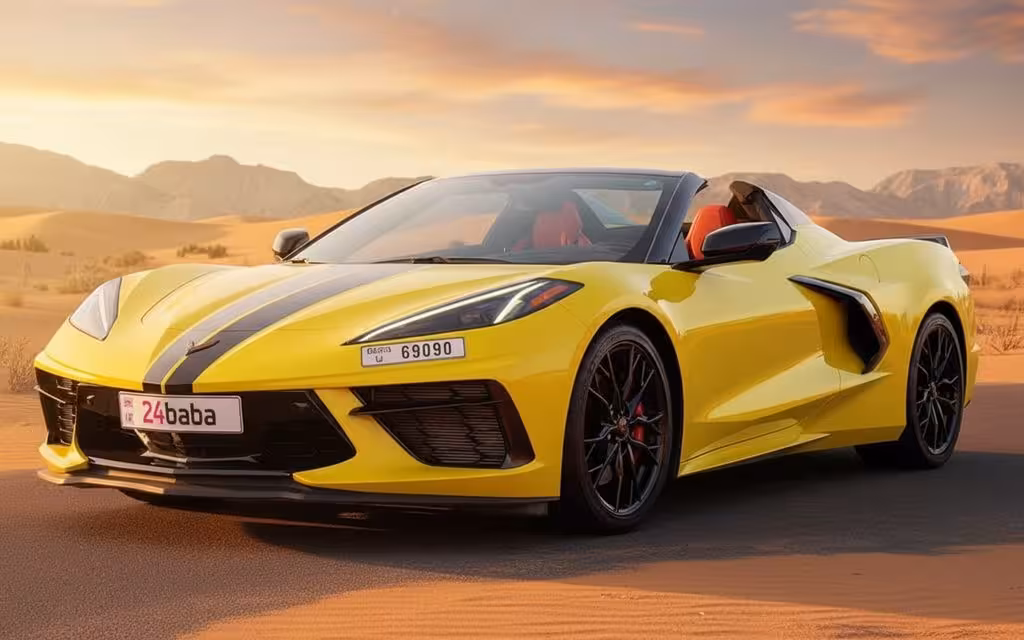 Chevrolet Corvette 2023 Yellow front view with headlights – rental in Dubai