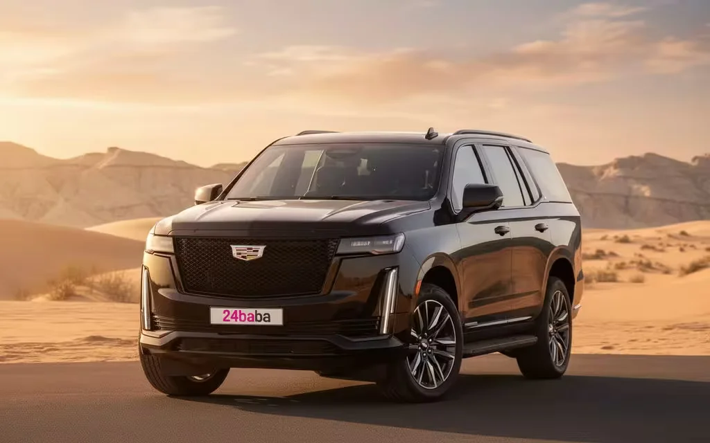 Cadillac Escalade 2022 Black front view with headlights – rental in Dubai