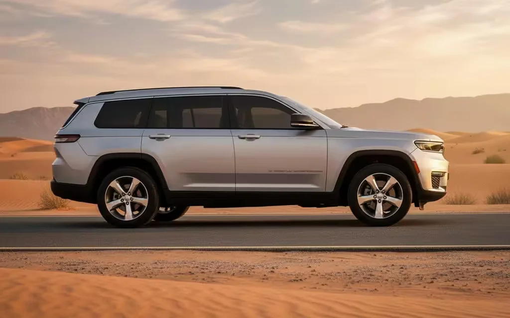 Jeep GrandCherokee 2023 Silver side profile – rental in Dubai