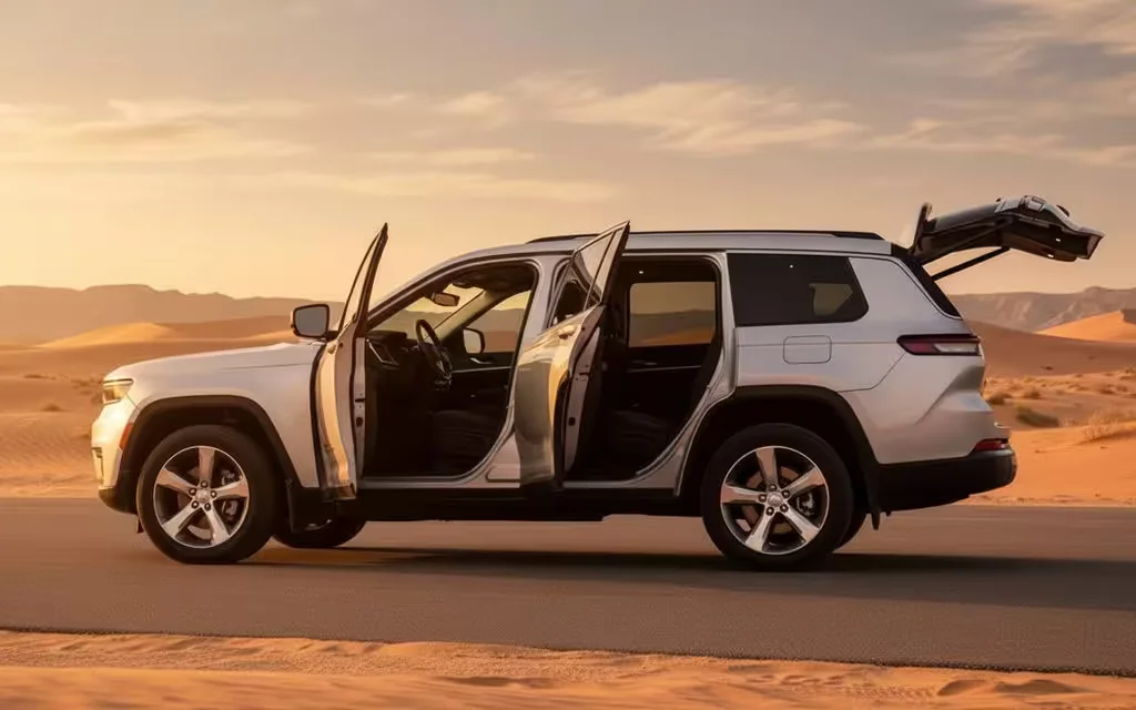 Jeep GrandCherokee 2023 Silver parked outdoor scene – rental in Dubai