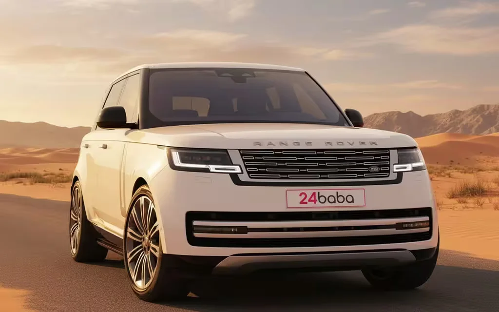 LandRover RangeRover 2022 White front view with headlights – rental in Dubai