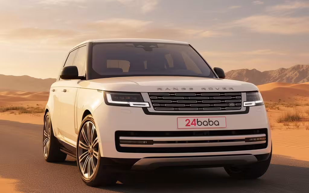 LandRover RangeRover 2022 White front view with headlights – rental in Dubai