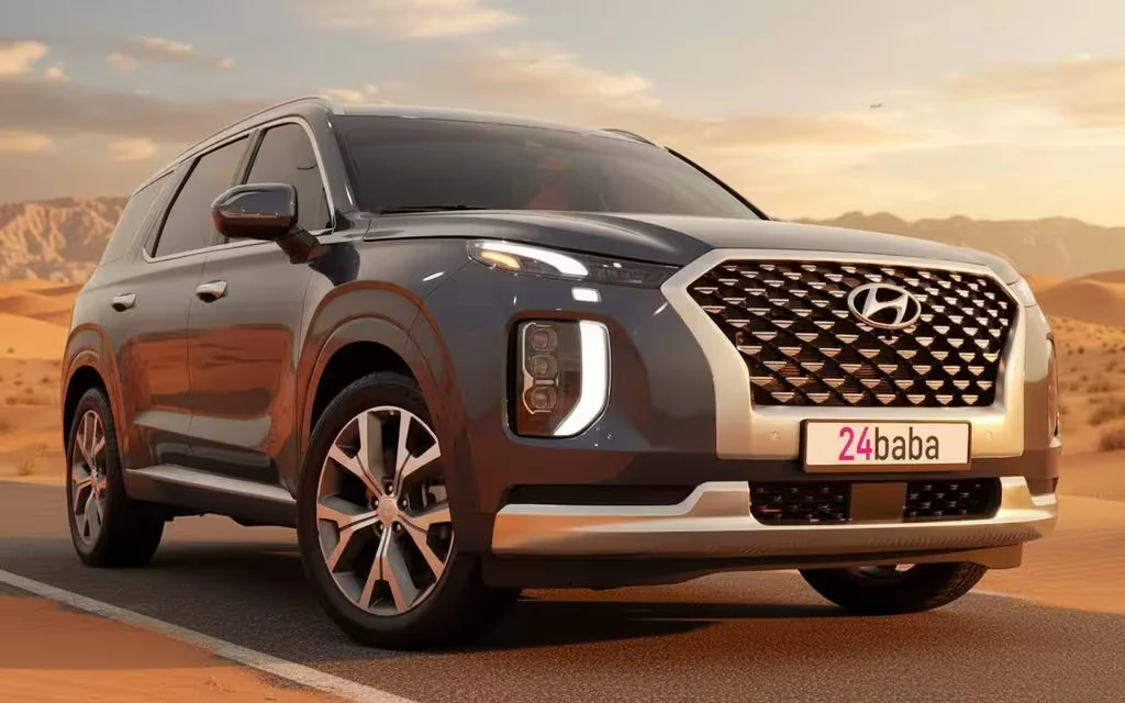 Hyundai Palisade 2023 Blue front view with headlights – rental in Dubai