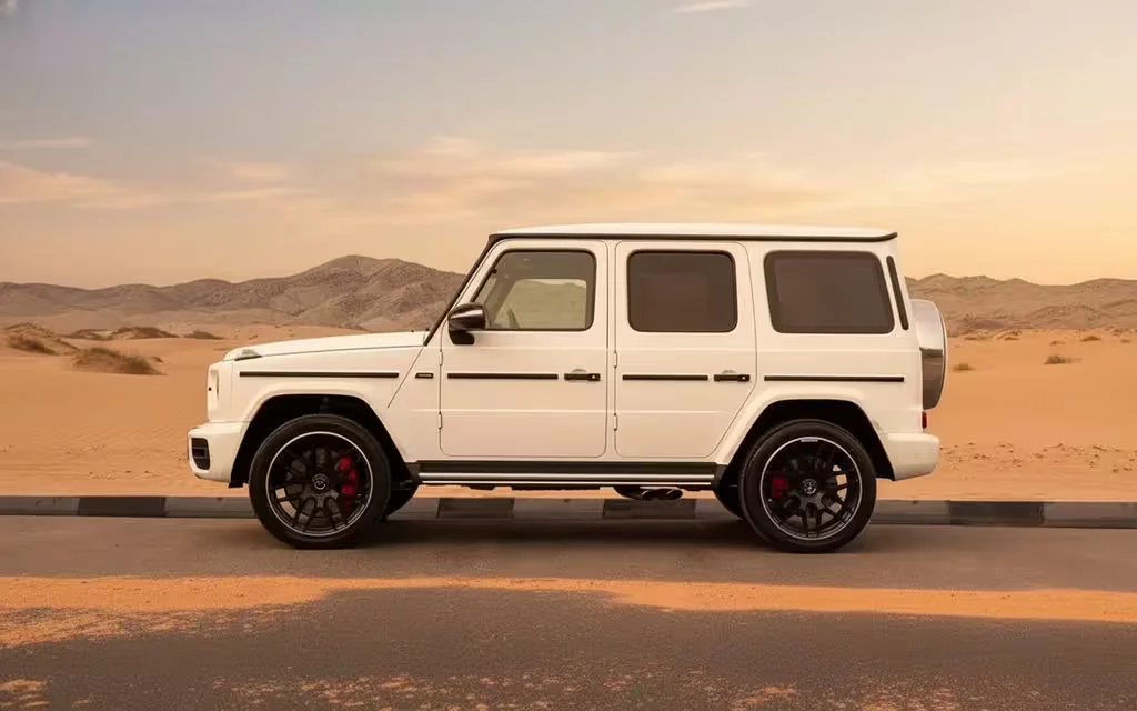 Mercedes G63 2021 White side profile – rental in Dubai