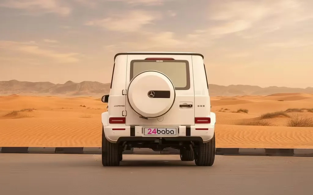 Mercedes G63 2021 White rear view showing taillights – rental in Dubai