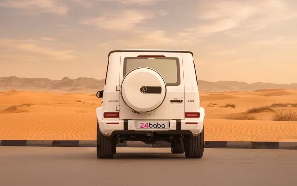 Mercedes G63 2021 White rear view showing taillights – rental in Dubai