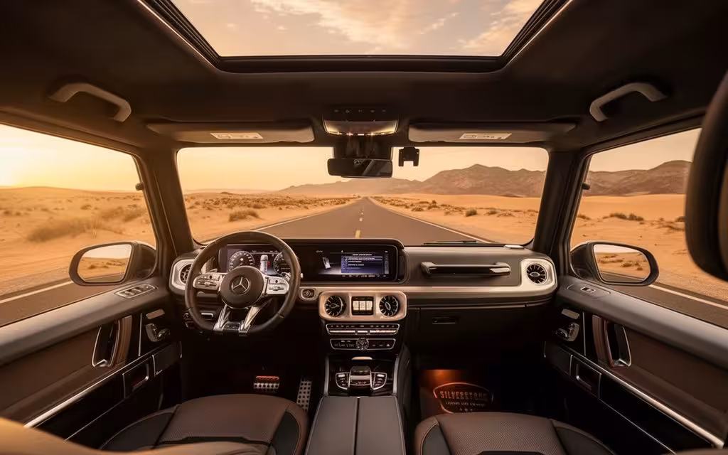 Mercedes G63 2021 interior view showing trim – rental in Dubai