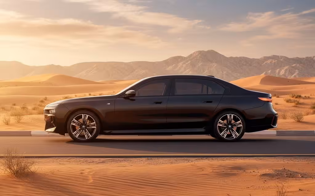 Bmw 735 2023 Black side profile – rental in Dubai