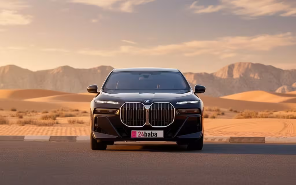 Bmw 735 2023 Black front view with headlights – rental in Dubai