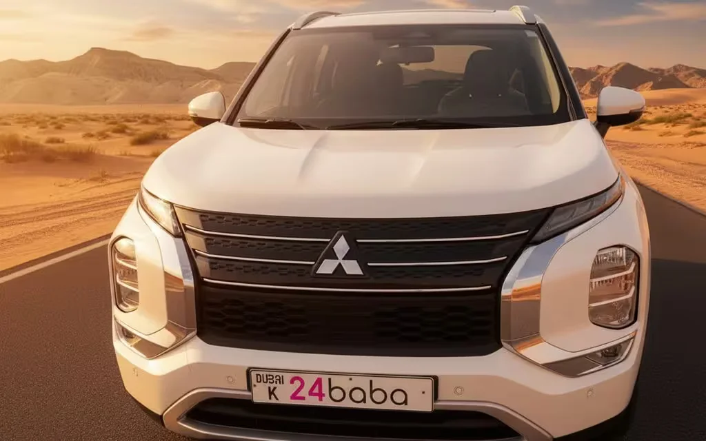Mitsubishi Outlander 2024 White front view with headlights – rental in Dubai