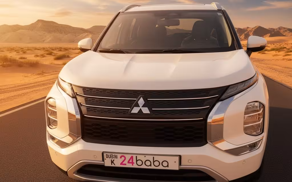 Mitsubishi Outlander 2024 White front view with headlights – rental in Dubai