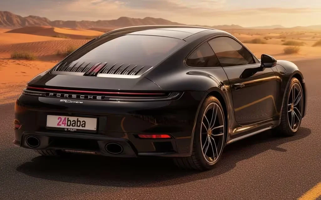Porsche 911 2025 Black rear view showing taillights – rental in Dubai