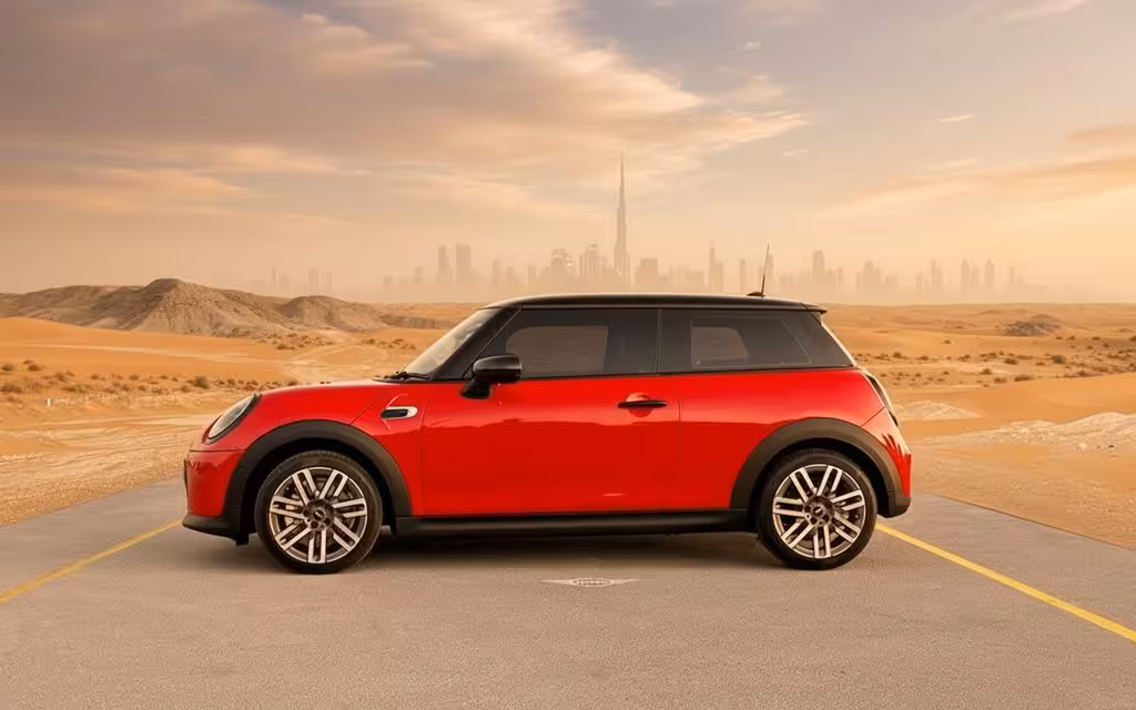 Mini Cooper 2025 Red side profile – rental in Dubai