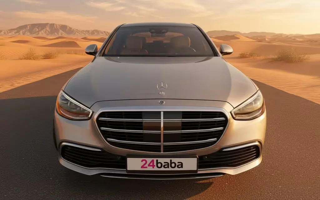 Mercedes S450 2024 Silver front view with headlights – rental in Dubai