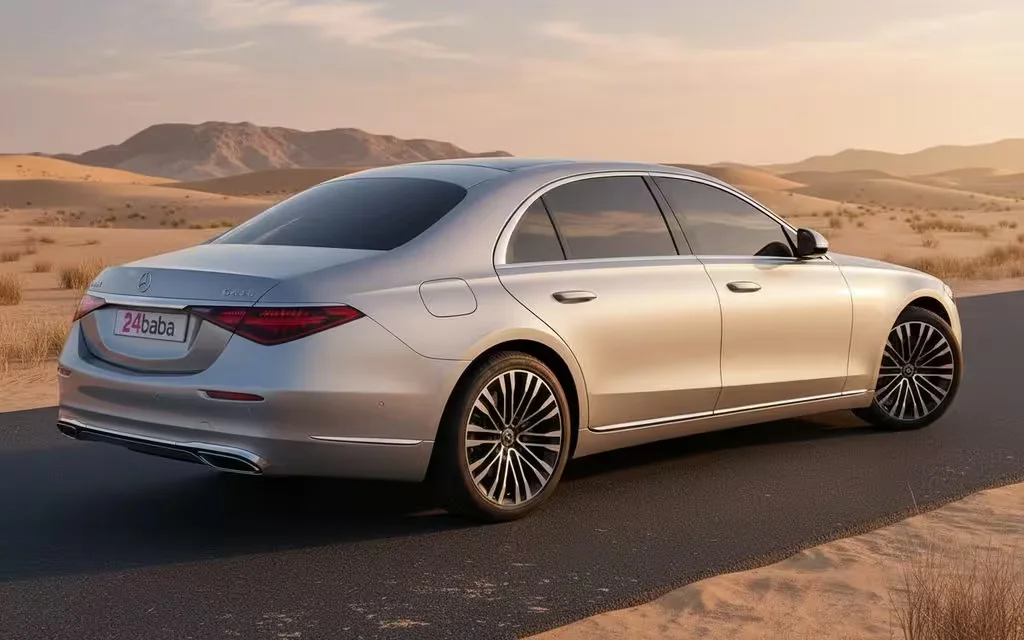 Mercedes S450 2024 Silver rear view showing taillights – rental in Dubai