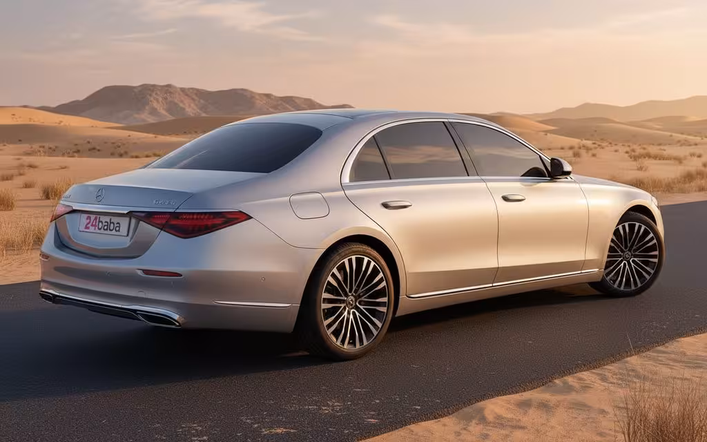 Mercedes S450 2024 Silver rear view showing taillights – rental in Dubai