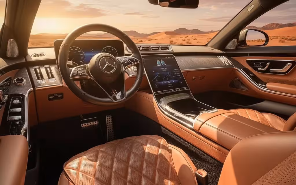 Mercedes S450 2024 interior view showing trim – rental in Dubai