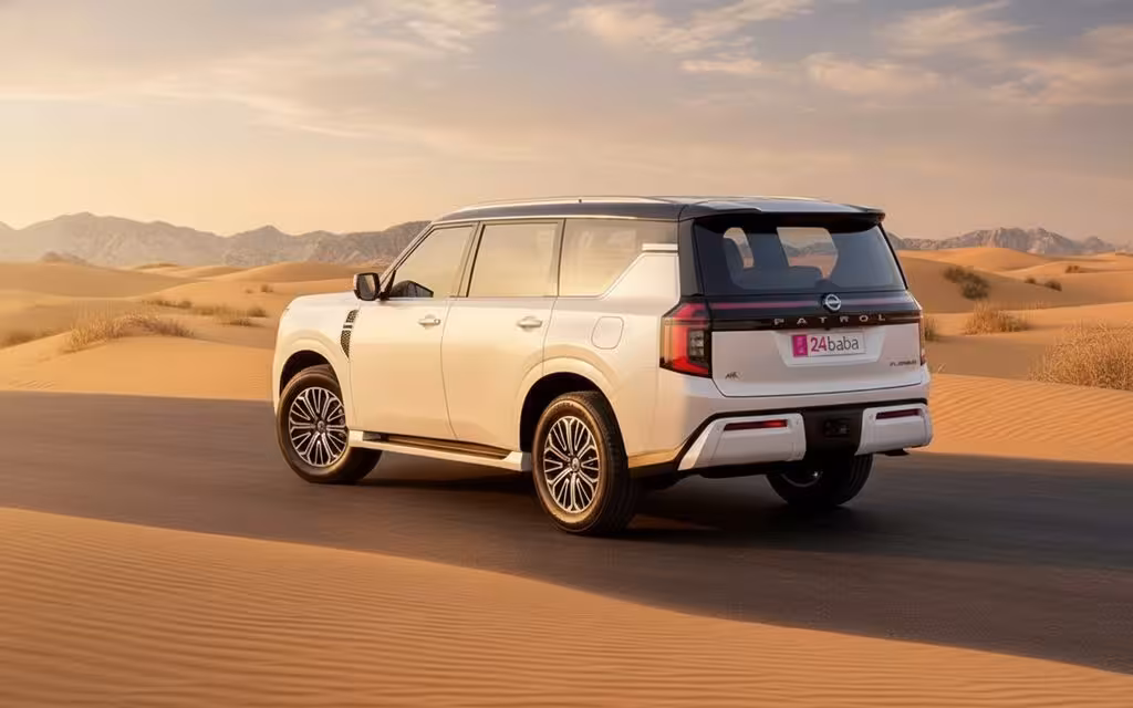 Nissan Patrol 2025 White rear view showing taillights – rental in Dubai