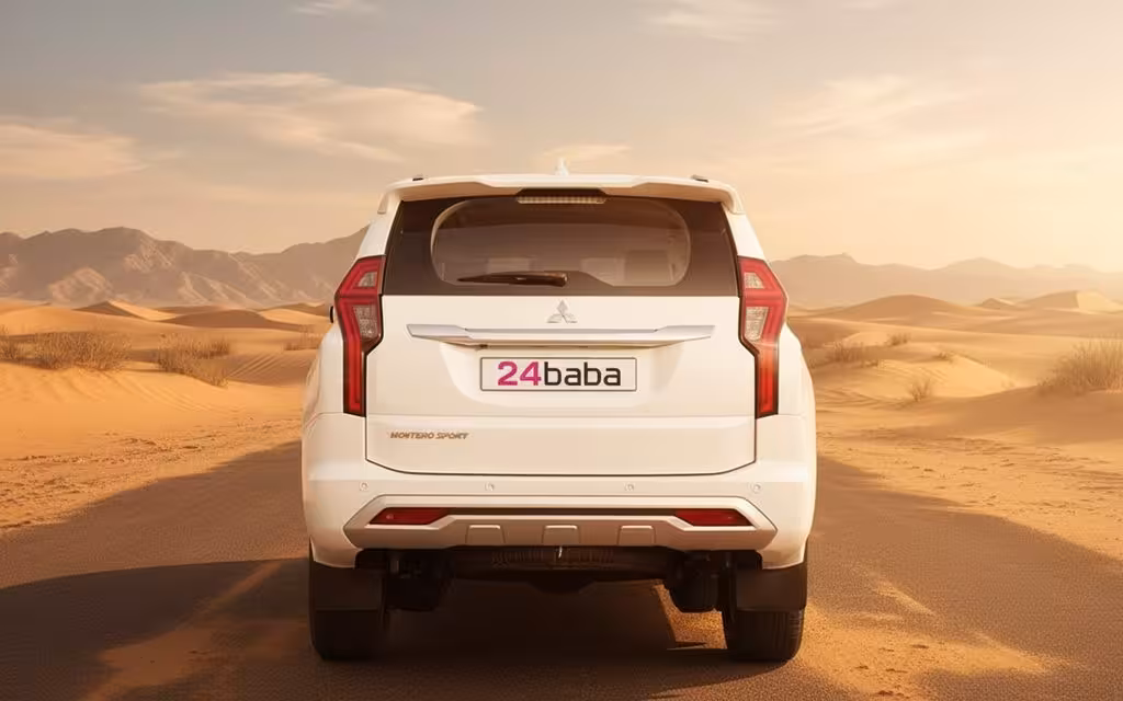 Mitsubishi Montero 2023 White rear view showing taillights – rental in Dubai