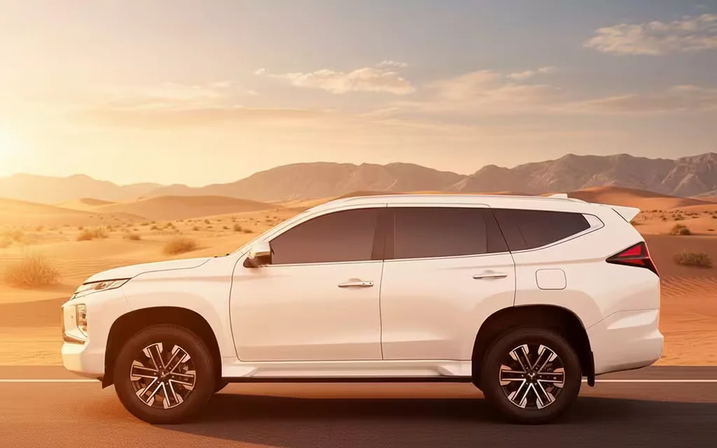 Mitsubishi Montero 2023 White side profile – rental in Dubai