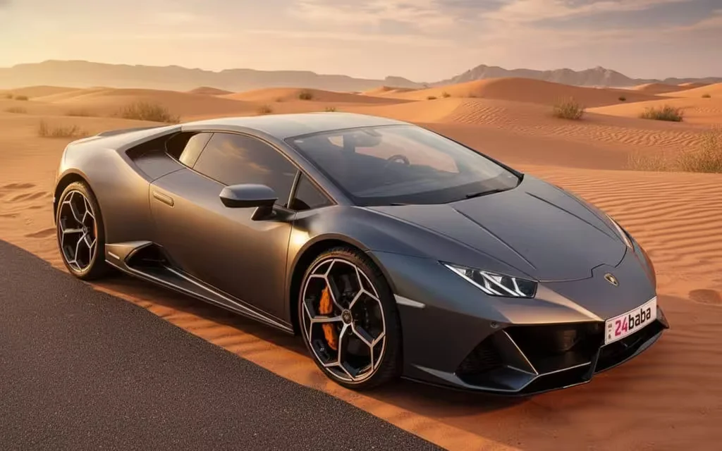 Lamborghini Huracan 2022 Grey front view with headlights – rental in Dubai