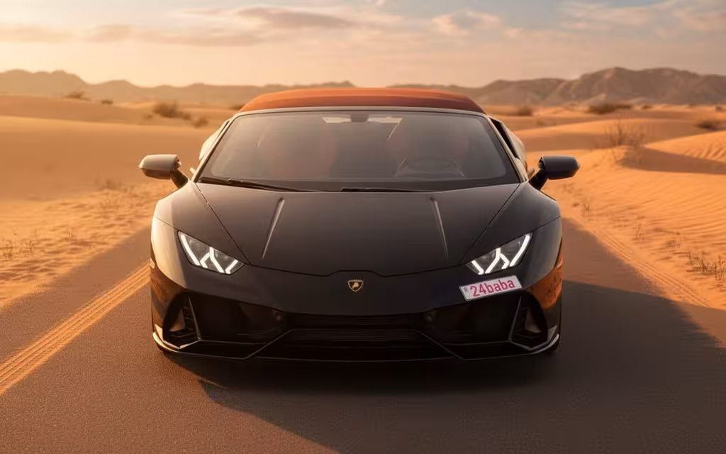 Lamborghini Huracan 2021 Black front view with headlights – rental in Dubai