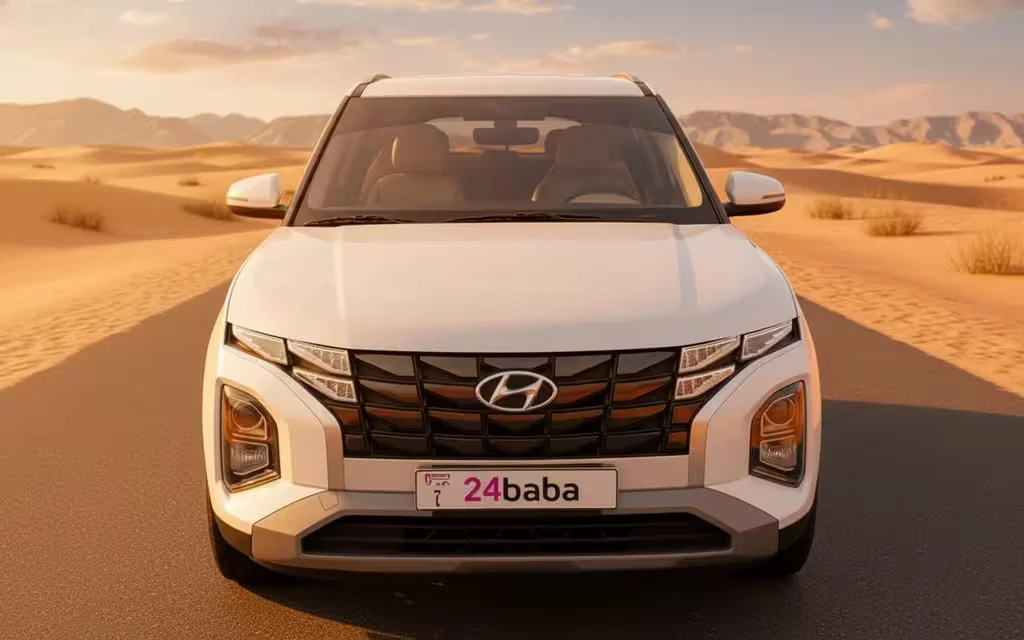 Hyundai Creta 2024 White front view with headlights – rental in Dubai