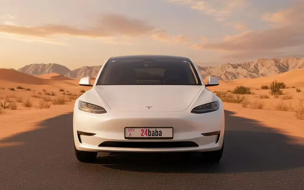 Tesla Model3 2024 White front view with headlights – rental in Dubai