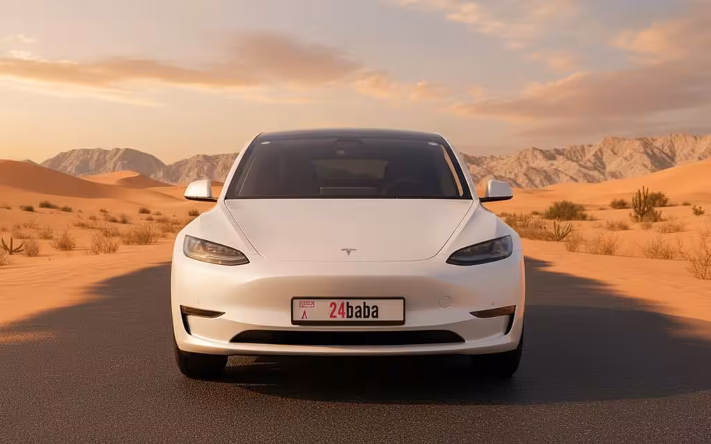 Tesla Model3 2024 White front view with headlights – rental in Dubai
