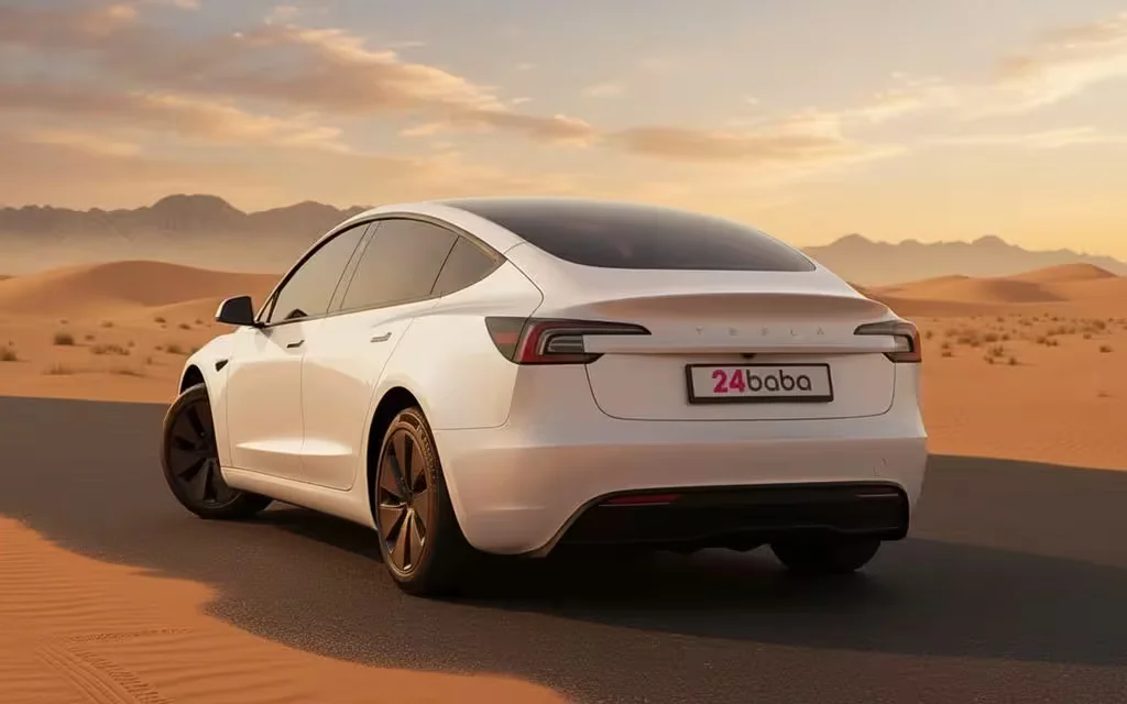 Tesla Model3 2024 White rear view showing taillights – rental in Dubai