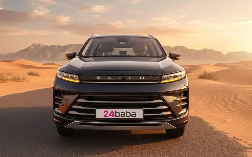 Exeed Lx 2024 Dark Gray front view with headlights – rental in Dubai