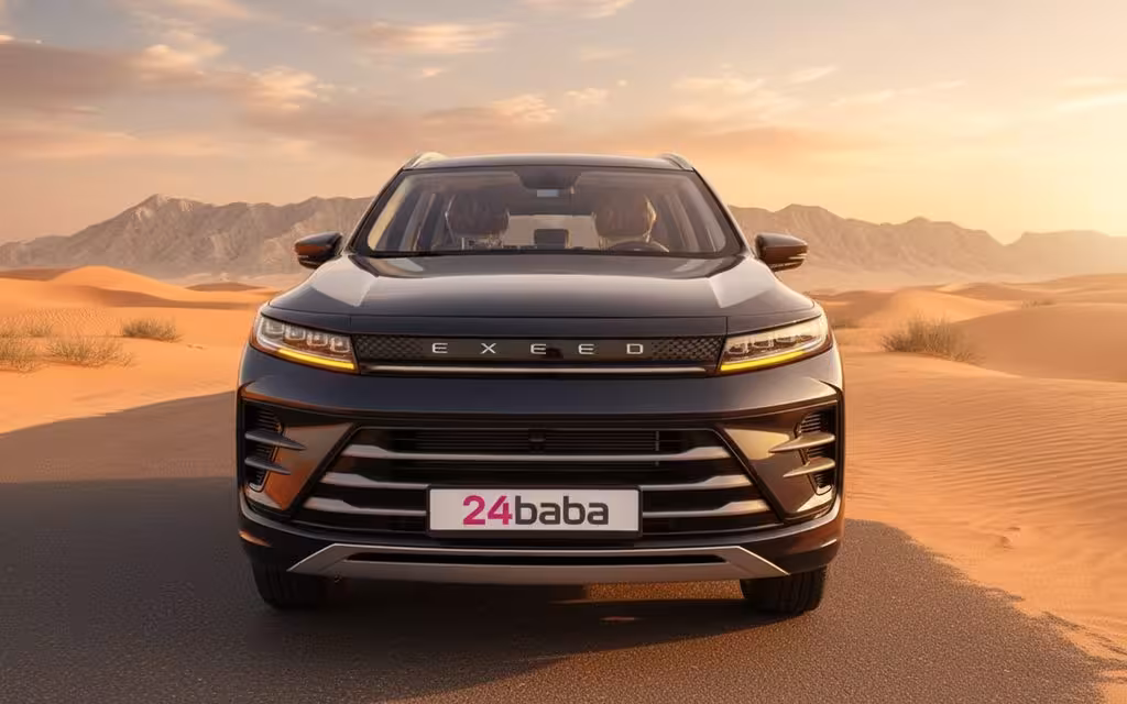 Exeed Lx 2024 Dark Gray front view with headlights – rental in Dubai