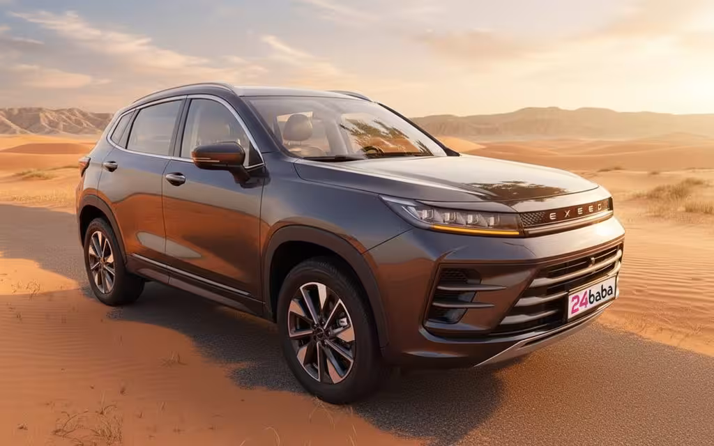 Exeed Lx 2024 Dark Gray parked outdoor scene – rental in Dubai