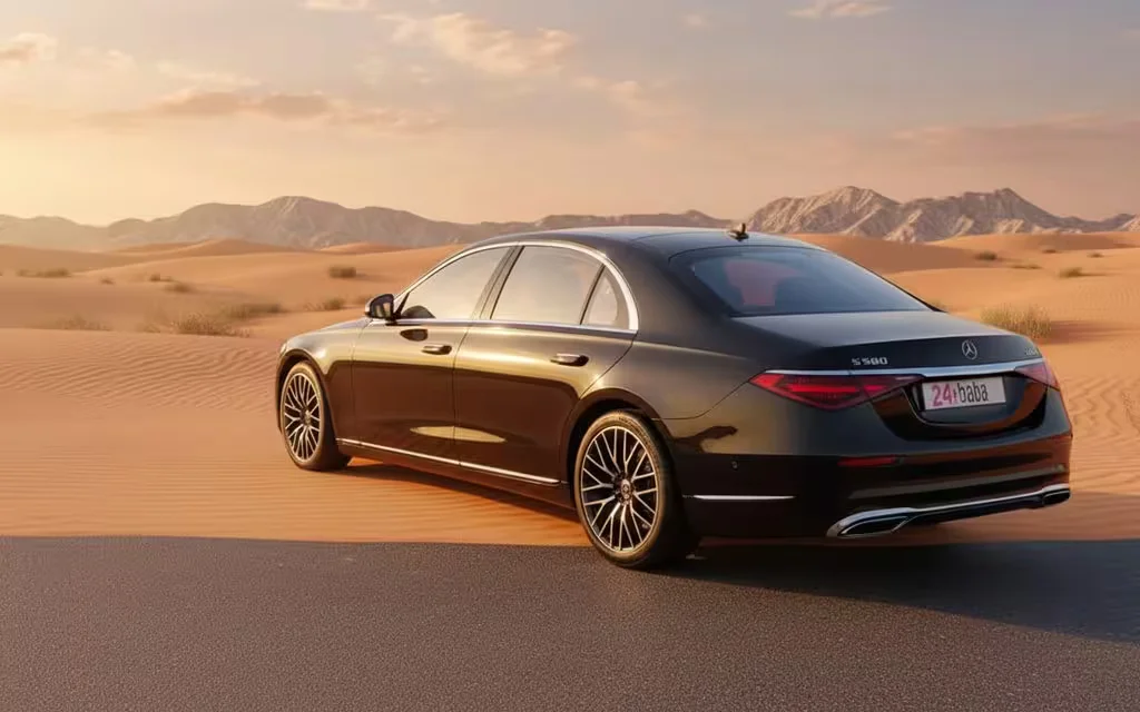 Mercedes S580 2022 Black rear view showing taillights – rental in Dubai