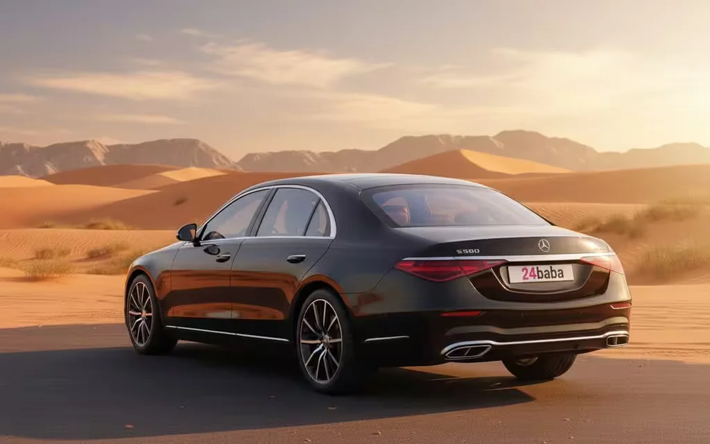 Mercedes S580 2022 Black rear view showing taillights – rental in Dubai