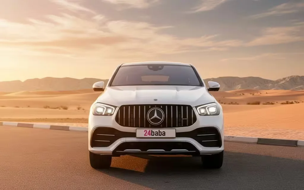 Mercedes Gle53 2021 White front view with headlights – rental in Dubai