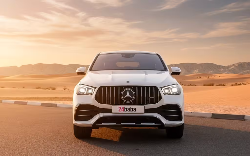 Mercedes Gle53 2021 White front view with headlights – rental in Dubai