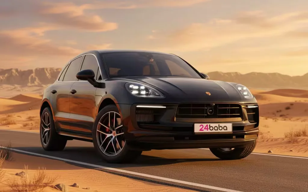 Porsche Macan 2024 Black front view with headlights – rental in Dubai