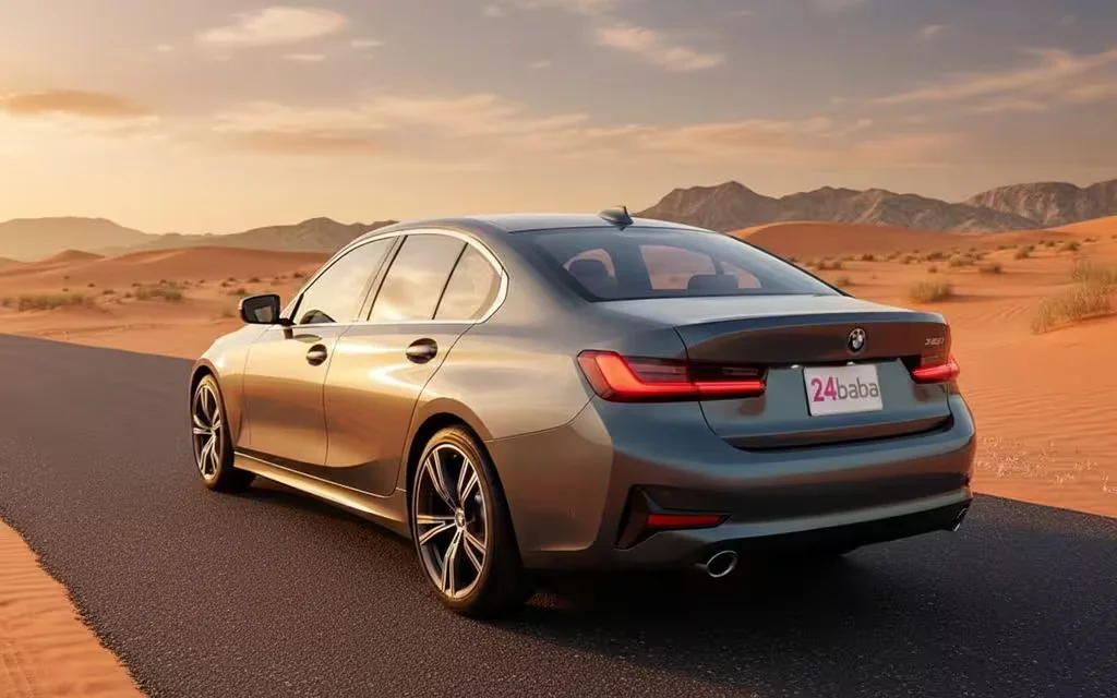 Bmw 330 2020 Green rear view showing taillights – rental in Dubai