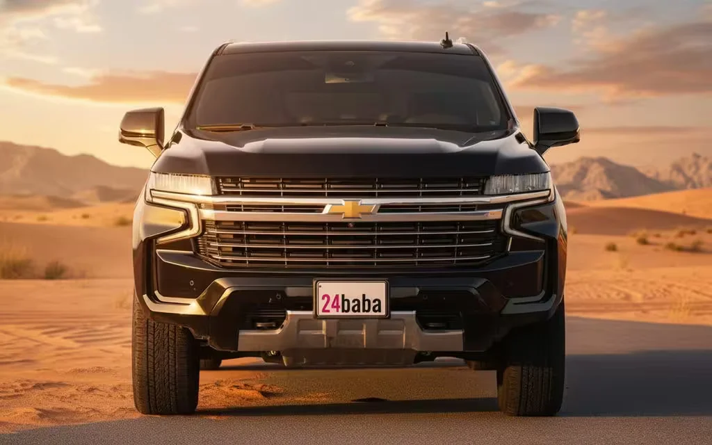 Chevrolet Tahoe 2023 Black front view with headlights – rental in Dubai