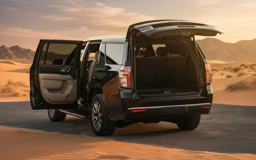 Chevrolet Tahoe 2023 Black parked outdoor scene – rental in Dubai