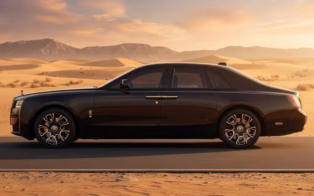 RollsRoyce Ghost 2022 Black side profile – rental in Dubai