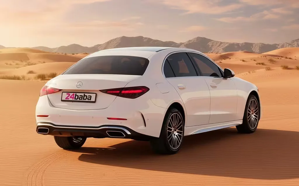 Mercedes C200 2025 White rear view showing taillights