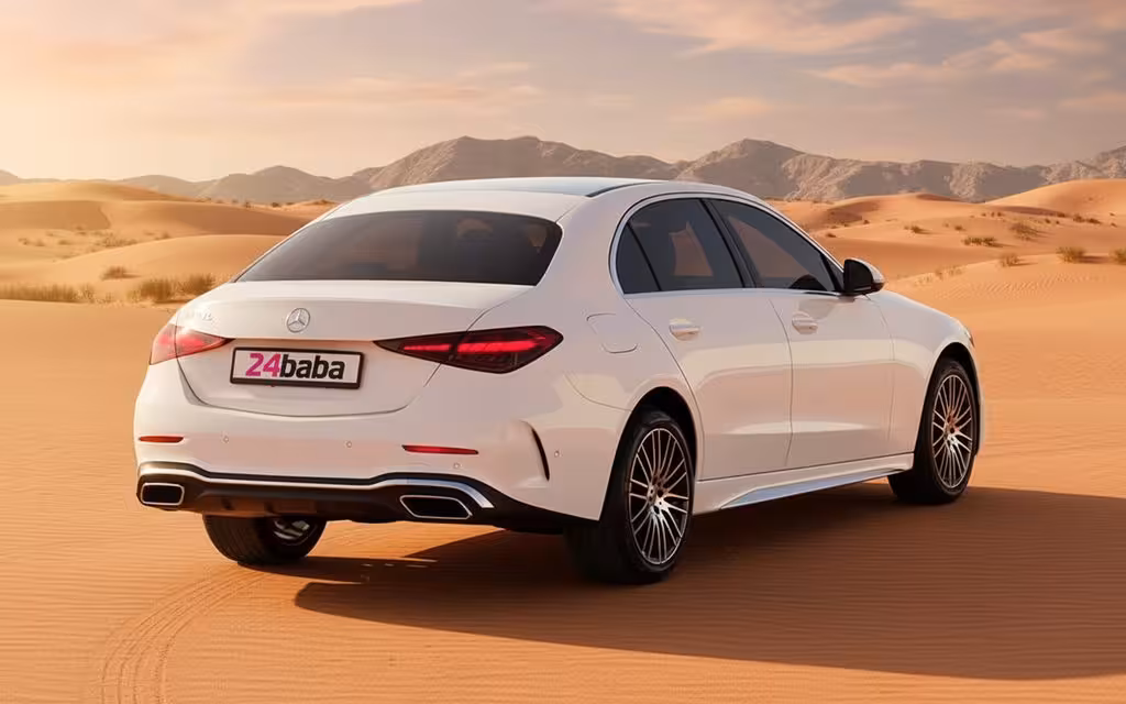 Mercedes C200 2025 White rear view showing taillights