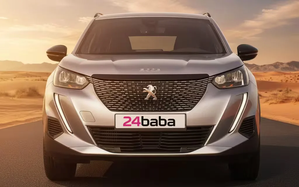 Peugeot 2008 2023 Grey front view with headlights – rental in Dubai