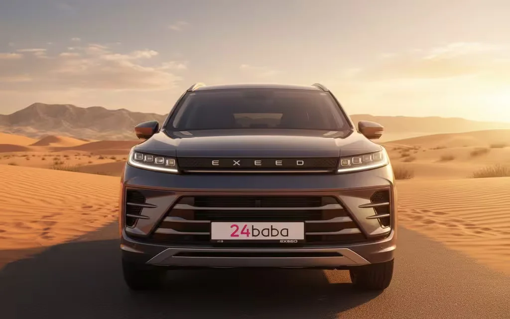 Exeed Lx 2024 Grey front view with headlights – rental in Dubai