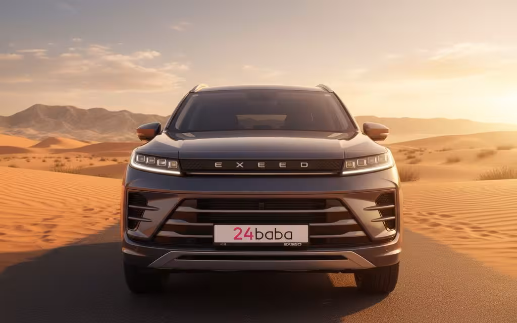 Exeed Lx 2024 Grey front view with headlights – rental in Dubai