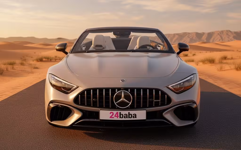 Mercedes Sl63 2025 Grey front view with headlights – rental in Dubai