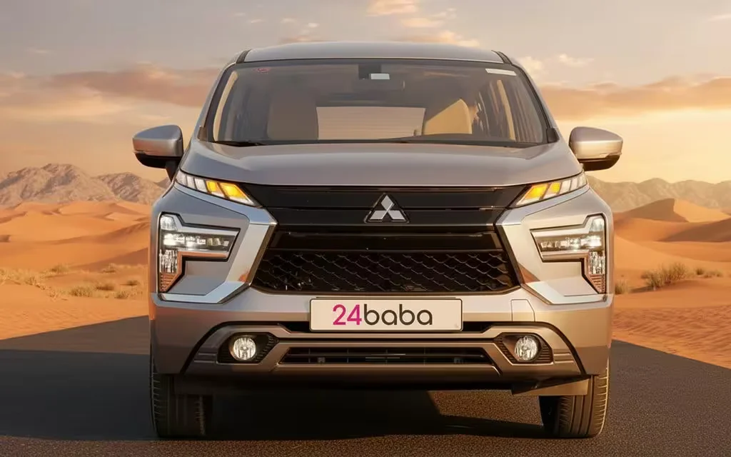 Mitsubishi Xpander 2024 Silver front view with headlights – rental in Dubai