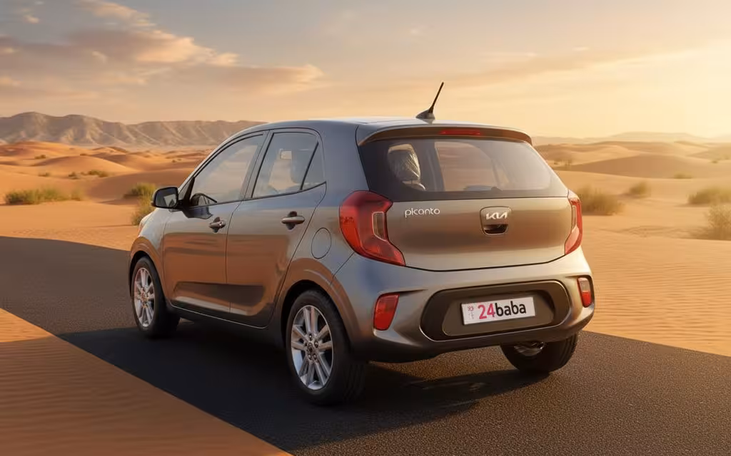 Kia Picanto 2023 Grey rear view showing taillights – rental in Dubai